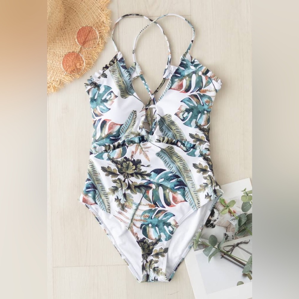 NWOT LACE-UP BACK TROPICAL PALM RUFFLE SWIMSUIT new without tags